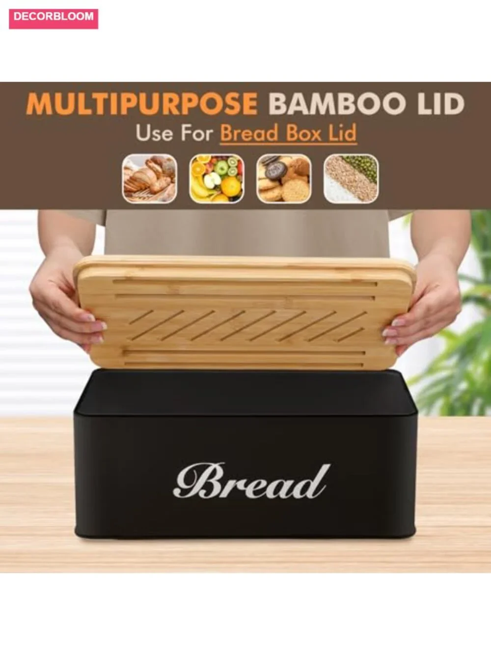 3-in-1 Bread Slicer with Bamboo Lid, Metal Bread Box Storage, Adjustable Loaf